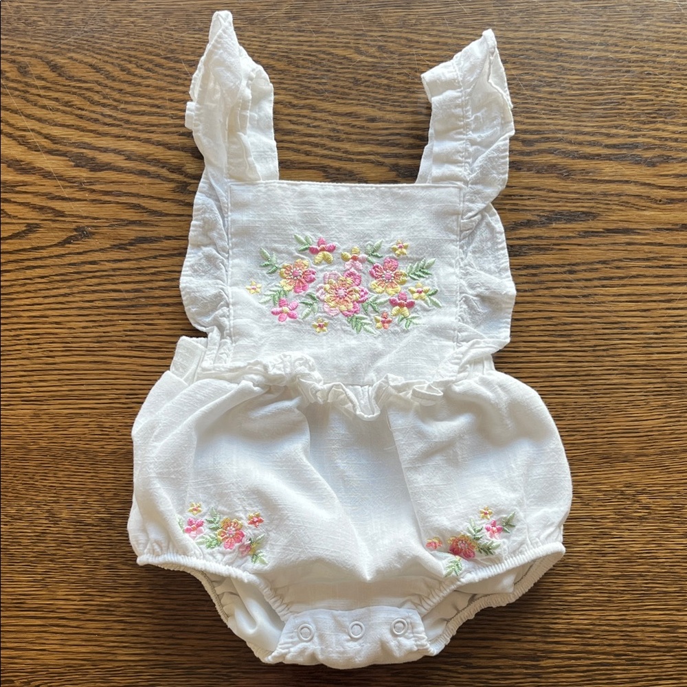 Floral Embroidered White Kids One Piece